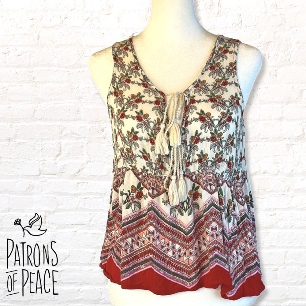 Patrons of Peace Foral Double Boho Babydoll Tank Top Size Small